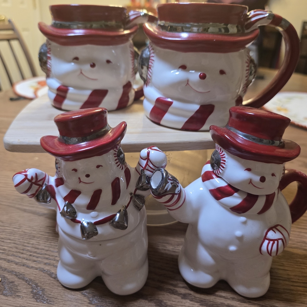 Snowman Mugs with Red and White Accents, Sugar & Creamer